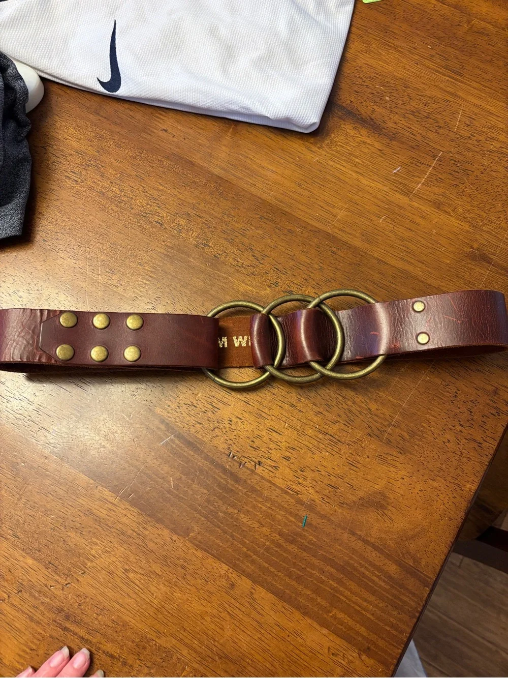 Kim White Women's Brown Leather Belt with Triple Ring Buckle stylish belt